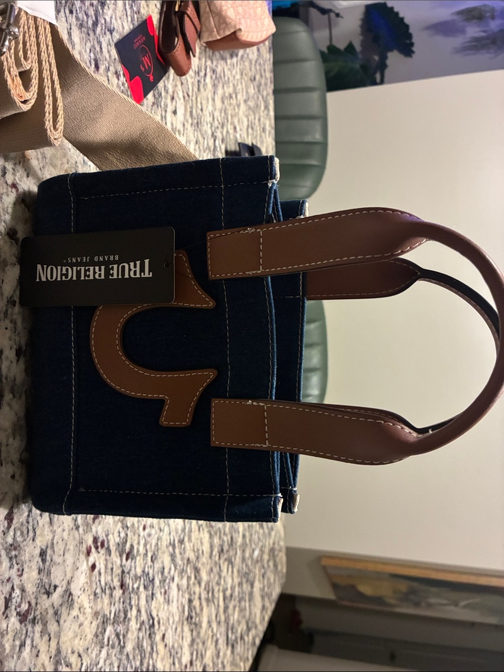 True Religion Dark Blue Denim Tote with Brown Leather Trim